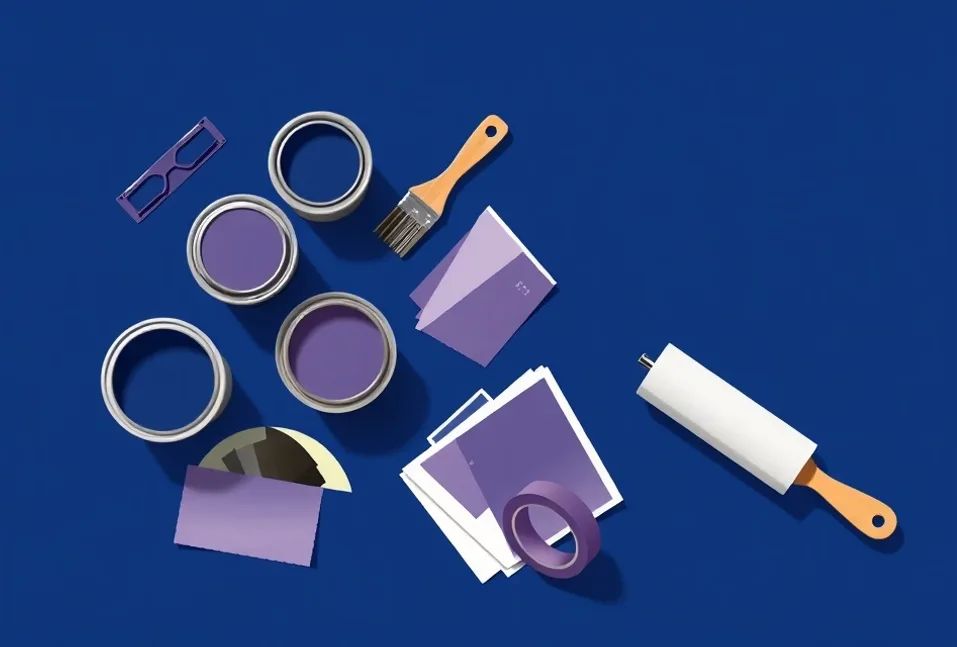 Pots de peinture, nuancier, brosses et rouleaux disposés à plat
