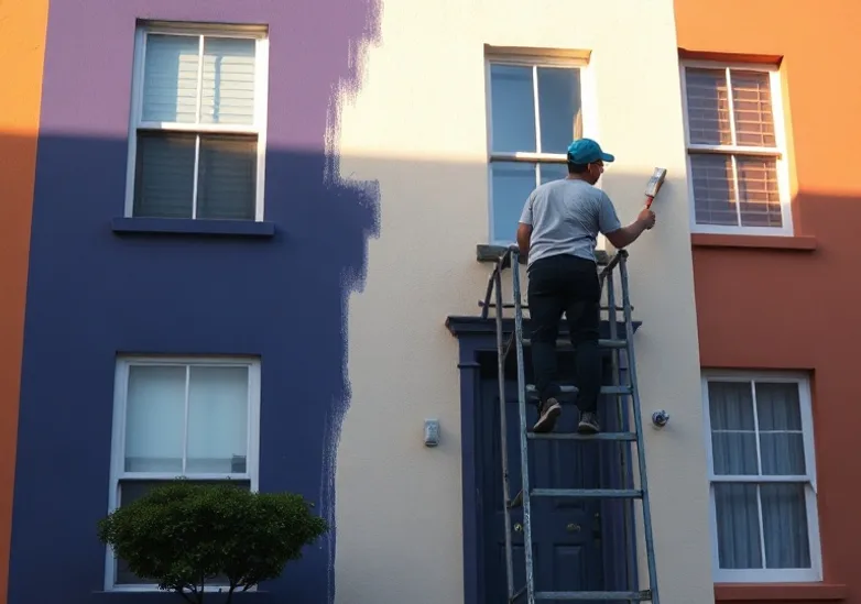 Peintre sur échafaudage traitant la façade d'une maison